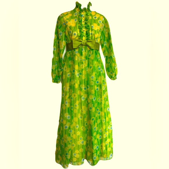 Vintage 1960s | Green Groovy Hippie Flower Power Mod Maxi Dress | Size 8 or M/L - Picture 1 of 6